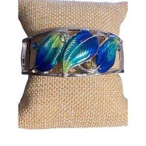 Silver Tone Clamper Bracelet Blue Green Enamel Leaves Rhinestones 6.75" NWOT
